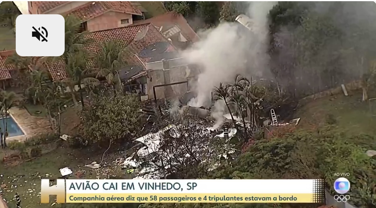 Avião com 62 pessoas a bordo cai em Vinhedo e não há sobreviventes