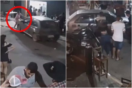 Carro é flagrado por câmera atingindo clientes de bar em cidade de MT