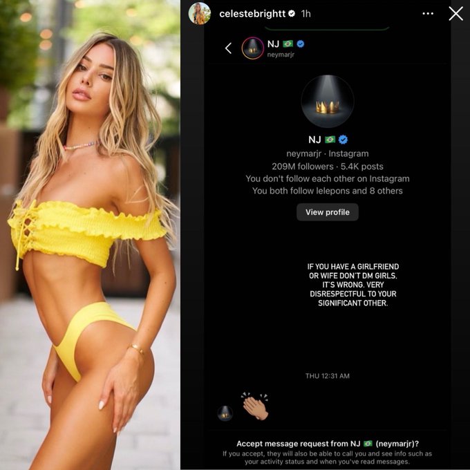 Celeste Bright mostrou o fora que deu no jogador após ser procurada por ele