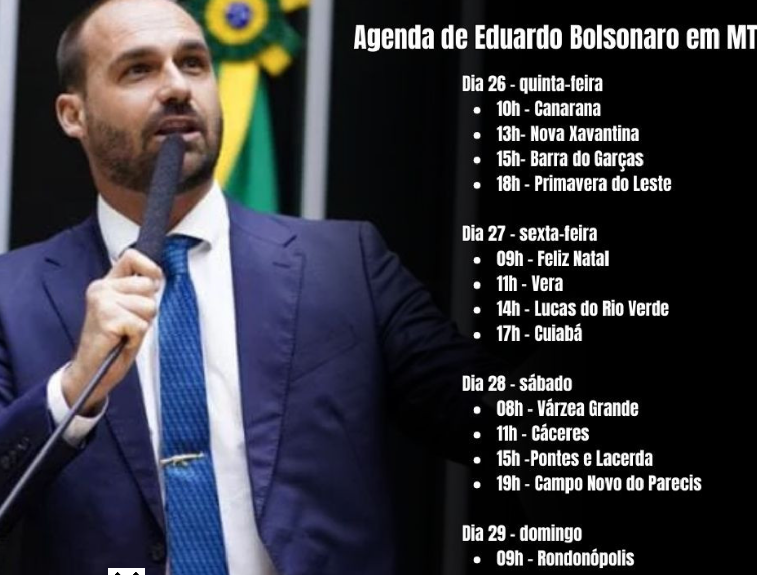 Eduardo Bolsonaro visita Cuiabá e mais 12 municípios de MT para apoiar aliados