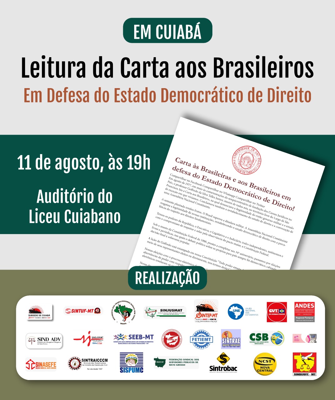 Em Cuiabá, entidades realizarão a leitura da Carta em Defesa da Democracia