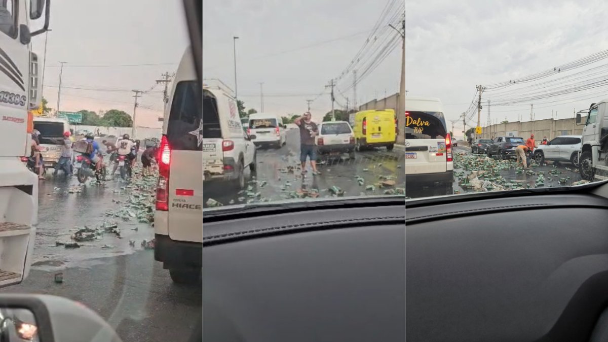 Populares saqueiam cerveja após carga cair de caminhão em Cuiabá; vídeos registram momento