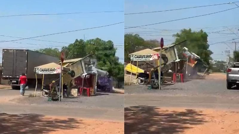 Caminhão derruba fiação elétrica, árvores e estruturas comerciais em Cuiabá