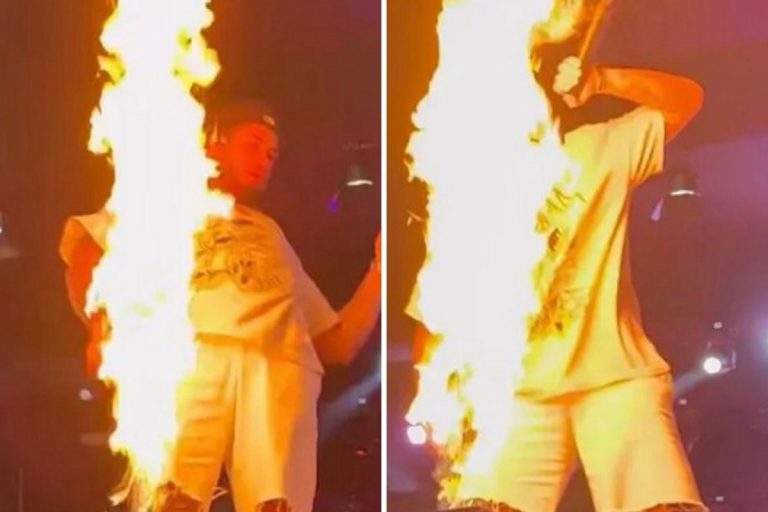 Zé Felipe escapa do fogo por um triz durante show